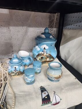 Hand-Painted Heartfelt Blue Lighthouse Ceramic Canister Set - Home Art